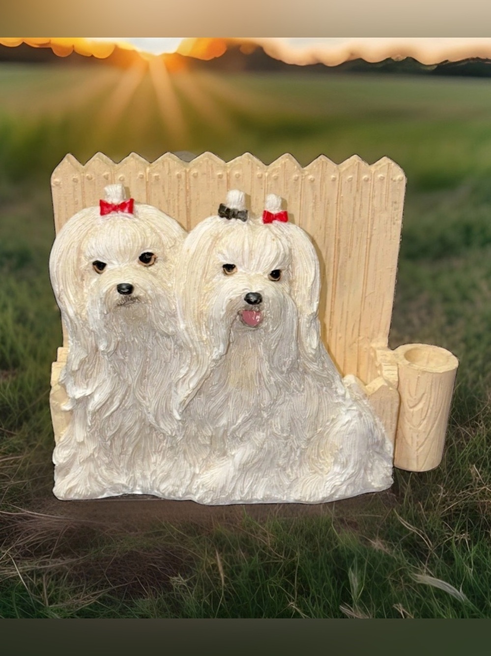 Maltese Dog Desk Organizer Resin Note Card Pen Holder Picket Fence Magnetic Back